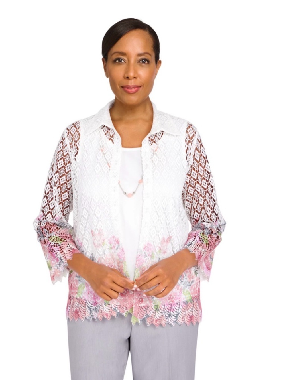 Alfred Dunner White Lace Blouse with Pink Floral Trim